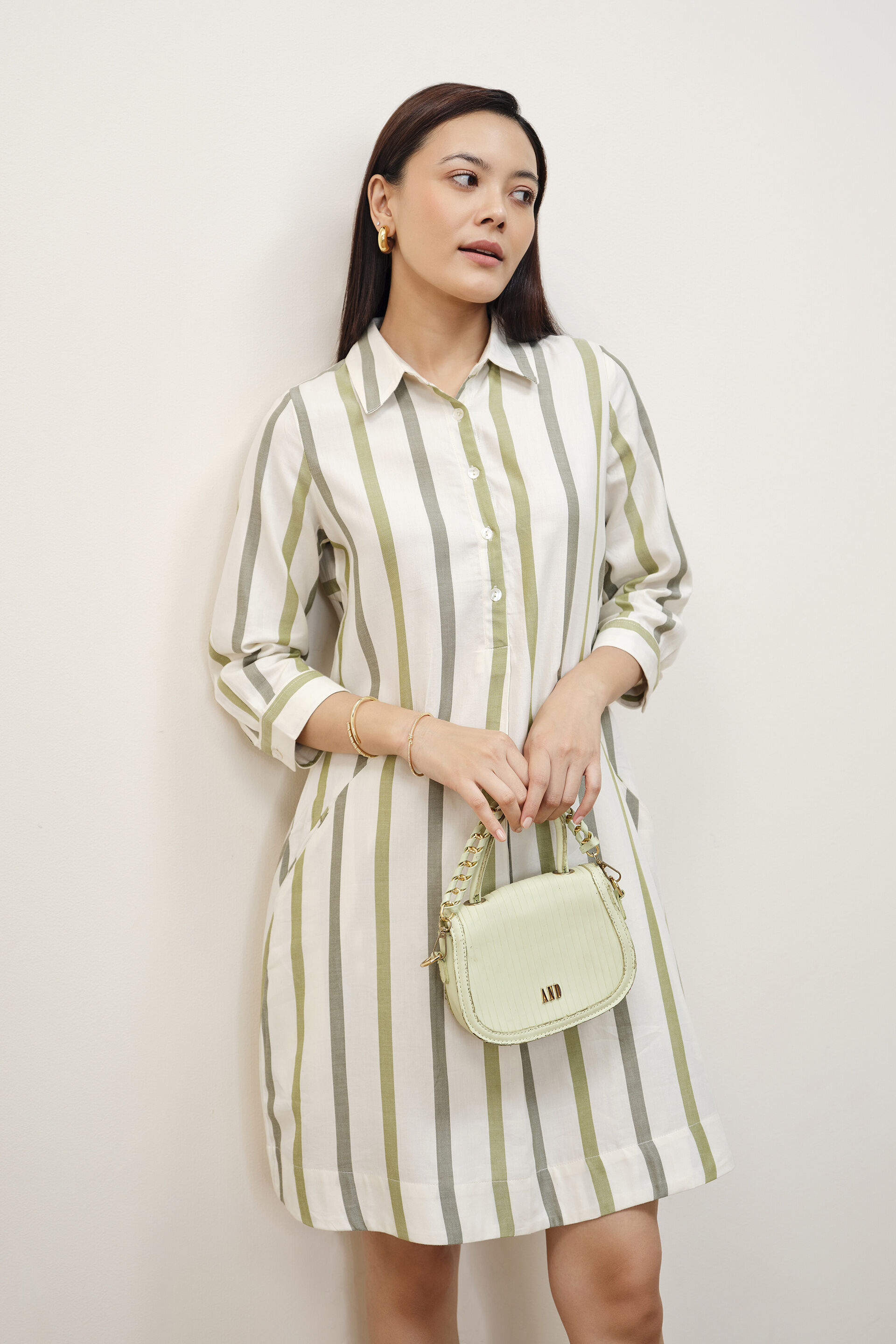 Olive & Cream Striped Dress, Green, image 3